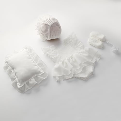 Holibeat Baby Girl 4PCS Photography Props (Romper+Pillow+Hat+Shoes) Newborn Girl Christmas Lace Photoshoot Outfits Infant Posing Props (white) - color: White1