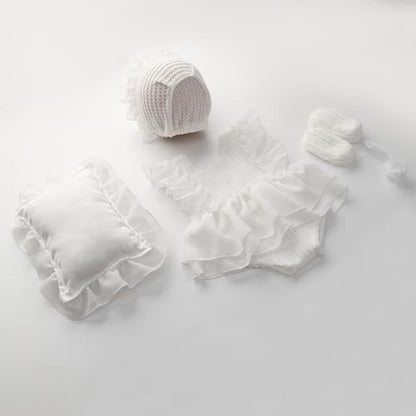Holibeat Baby Girl 4PCS Photography Props (Romper+Pillow+Hat+Shoes) Newborn Girl Christmas Lace Photoshoot Outfits Infant Posing Props (white) - color: White1