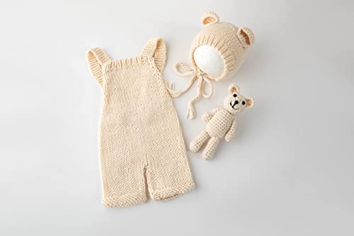 Vemonllas Newborn Photography Props Boys Girls Outfits Baby Photo Props Knit Bear Hat Romper Photoshoot Costume Set - color: Beige