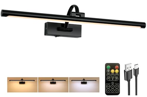 Tassuowell Picture Light Battery Operated with Remote, 3CCT Dimmable Picture Light for Paintings, Black Rechargeable 24 inch Battery Operated Wall Sconce for Art Lighting Gallery Portrait Artwork - color: Black, size: 23.6inch