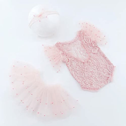 Newborn Photography Props Outfits Princess Baby Girl Pearl Lace Rompers Headdress Infant Baby Girl Photoshoot Costume - color: Pink