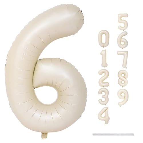 Cream Number Balloons, 40inch Large Beige Number 6 Foil Mylar Helium Balloons for Girls Women, Ivory White Self Inflating Number Balloons 0-9 for Men Boys Birthday Party Celebration Decoration - color: Cream, size: Number 6
