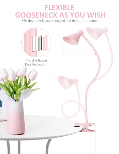 LiFMIRA Pink Small Desk Lamp Clip on LED Reading Light for Bed, 3 Color Modes 10 Dimmable Brightness, Book in Bed Headboard, Flexible Neck Clamp BL08 - color: Pink