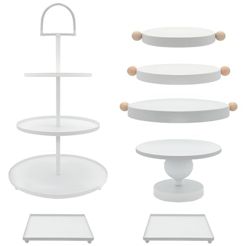 Set of 7 White Cake Stands Metal Dessert Display Holder Round 3 Tier Cupcake Stand Serving Tray Platter Cake Pedestal Stand for Party Weddings Birthday Baby Showers Anniversary - color: White