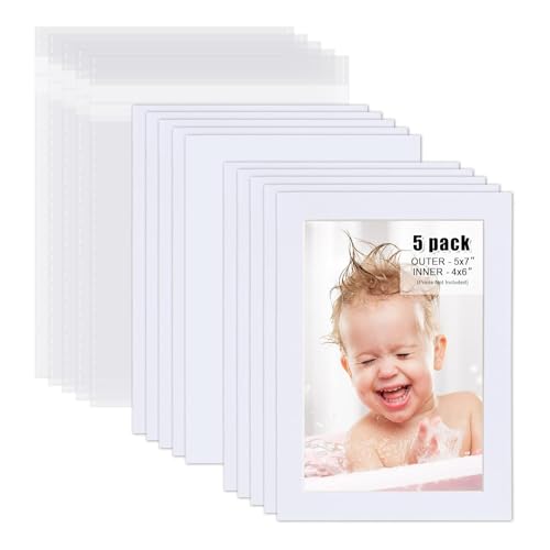 Egofine Pack of 5 White Pre-Cut 5x7 Picture Mat for 4x6 Photo with White Core Bevel Cut Mattes Sets. Includes 5 High Premier Acid Free Mats & 5 Backing Board & 5 Clear Bags - color: White-5"x7" Pack of 5 Complete Set