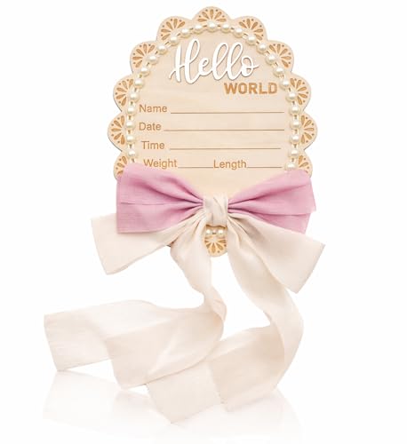 Wonhibo Pearl & Bow Newborn Announcement Sign - Baby Hospital Photo Prop Wooden Name Board Card for Birth Welcome Hello World for Girls - color: Purple Cream Bow