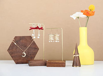 brass earring display stands for selling, wooden ear ring holders for jewelry, single stud holder jewelry display【Walnut brass earring stand Height 5.31"】