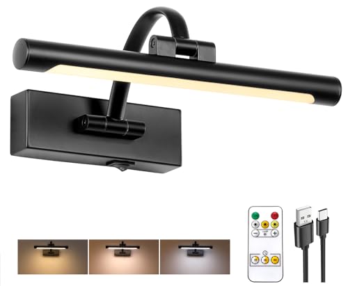 Tassuowell Battery Powered Picture Light with Remote and Timer,Full Metal Art Light with Swing Arm,12 Inch Dimmable,3CCT in One, Rechargeable Wall Lights for Display, Artwork, Canvas,Hallway - color: Black, size: 12inch