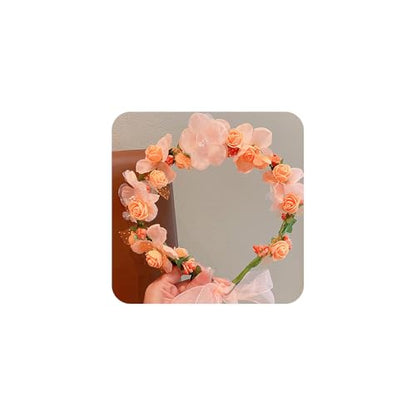 Adjustable Flower Crown Headband for Women - Floral Garland Hair Wreath with Crystal Accents Perfect for Weddings Flower Wands Photo Props (Pink Flower Green, Adjustable) - color: Pink Flower Green
