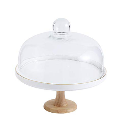 Food Covers,Splatter Covers,Wedding Cake Display Stands, Round Glass Dome Cover Cheese Dome Ceramic Trays with Wooden Base Bread Decoration Stands and Photo Props - size: 19.5cm