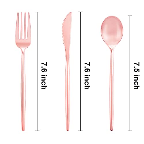 SUT 150Pcs Rose Gold Plastic Silverware, Disposable Cutlery Set, Heavy Duty Plastic Flatware Set，Disposable Rose Gold Utensils Include 50 Forks,50 Spoons, 50 Knives Perfect for Party - style: Rose gold