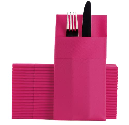 Moyes Home Fuchsia Disposable Dinner Napkins with Pocket - Linen-Feel Pre-Folded Cloth-Like Paper Napkins for Silverware, Weddings, Dinner Parties, 16x16 in, Pack of 50 - color: Fuchsia