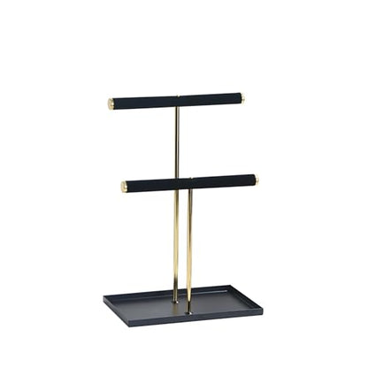 2 Tier Necklace Bracelet Holder Stand, Multi-Use Jewelry Display Organizer with Metal Tray, Velvet T-Bar Metal Necklace Organizer Stand, Jewelry Hanger Tower Rack for Men Women (Black 12" Tall) - color: Black