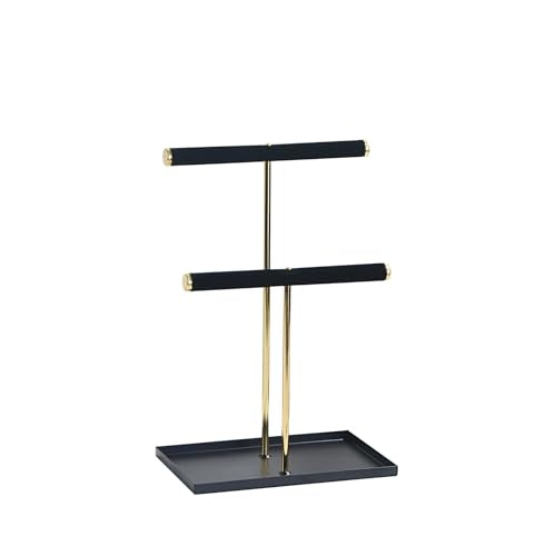 2 Tier Necklace Bracelet Holder Stand, Multi-Use Jewelry Display Organizer with Metal Tray, Velvet T-Bar Metal Necklace Organizer Stand, Jewelry Hanger Tower Rack for Men Women (Black 12" Tall) - color: Black