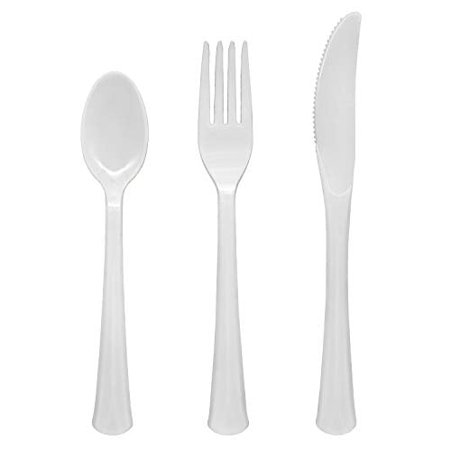 Party Essentials Extra Heavy Duty Hard Plastic Cutlery Combo Pack, Full Size Knives/Forks/Spoons, White, 48-Pieces/ 16-Place Settings (N1224WH-2) - color: White, size: 48-Pieces/ 16-Place Settings
