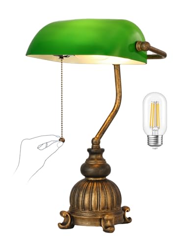 Retro Green Glass Bankers Desk Lamp for Home Office,Library with Pull Chain Switch Plug in Fixture, LED Bulb Included - color: Antique+Green1