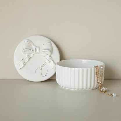 COLLECTIVE HOME Monogram Ceramic Jewelry Box with Bow - Small Jewelry Dish, Elegant Birthday, Graduation, Christmas & Women's Day Gifts (C) - color: C