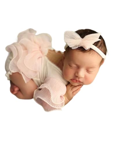 Baby Photography Props Outfit Lace Rompers Newborn Girl Photo Shoot Outfits Flower Headband Princess Costume - color: Off-white