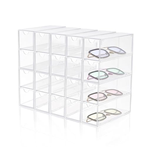 RETON 5 Sets Acrylic Sunglasses Organizers with 20 Drawers, Clear Eyeglass Holder for Glasses Display, Plastic Makeup Storage for Eyewear Watch Art Craft Cosmetic Jewelry Office Desktop
