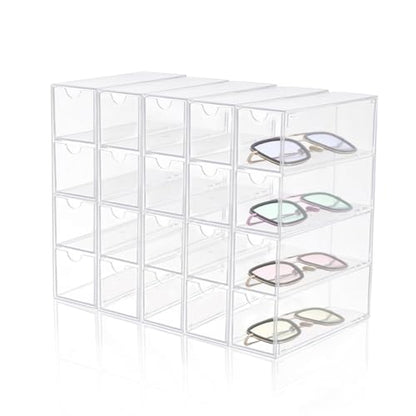RETON 5 Sets Acrylic Sunglasses Organizers with 20 Drawers, Clear Eyeglass Holder for Glasses Display, Plastic Makeup Storage for Eyewear Watch Art Craft Cosmetic Jewelry Office Desktop