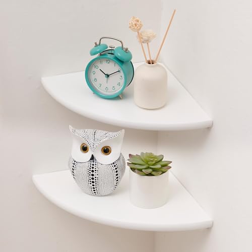 Corner Shelf, White Floating Corner Shelf, Set of 2 7inch Solid Oak Wood Corner Wall Shelves, Round End Wall Mount Display Shelf with Wire Hole for Small Plant for Bedroom Kitchen, Living Room - color: White, size: 7in 2P