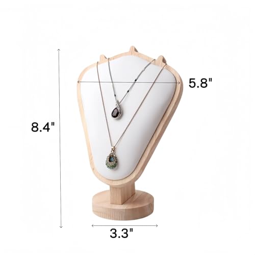 Natural Body Wood Necklace Display Stand with White Leather Soft Mat Necklace Holder Organizer Desktop Stand for Home Store Dresser-3.3"x5.8"x8.4" - color: Natural-White, size: 3.3"x5.8"x8.4"