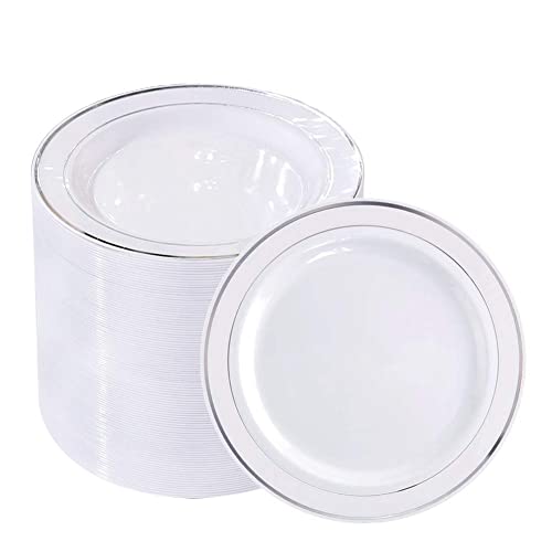 bUCLA 100Pieces Silver Plastic Plates - 6.25inch White with Silver Rim Disposable Salad/Dessert/Appetizer/Small Cake Plates for Weddings, Parties&Gathering - color: 6.25Inch-100pcs-Silver