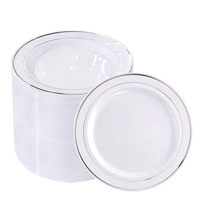 bUCLA 100Pieces Silver Plastic Plates - 6.25inch White with Silver Rim Disposable Salad/Dessert/Appetizer/Small Cake Plates for Weddings, Parties&Gathering - color: 6.25Inch-100pcs-Silver