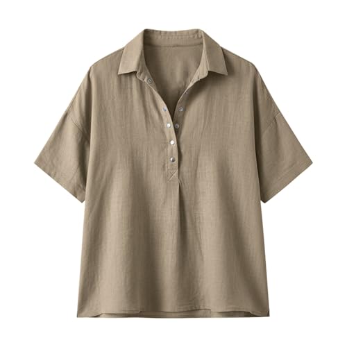 Cotton Linen Shirts for Women 2026 Summer Gauze Shirts Button Down V Neck Half Sleeve Blouses Dressy Casual Clothes - color: Coffee, size: Small