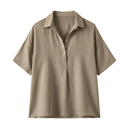 Cotton Linen Shirts for Women 2026 Summer Gauze Shirts Button Down V Neck Half Sleeve Blouses Dressy Casual Clothes - color: Coffee, size: Small