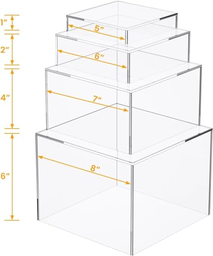 Set of 4 Crystal Clear Acrylic Boxes Cube Display Buffet Nesting Risers with Hollow Bottoms - color: Clear, size: 5",6",7",8"