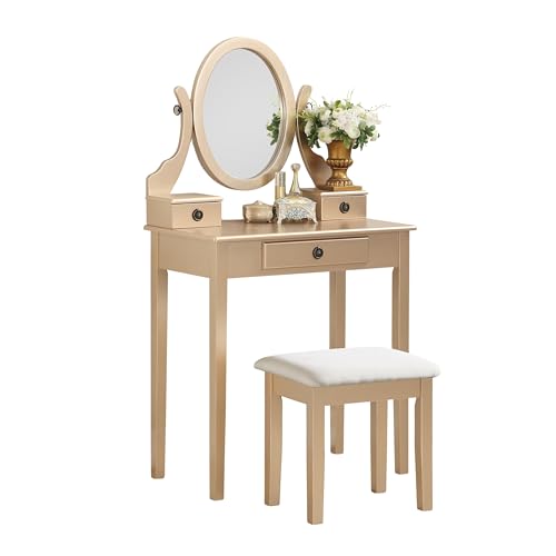 Roundhill Furniture Moniys Wood Moniya Makeup Vanity Table and Stool Set, Gold - color: Gold