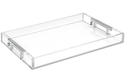 Modern 16"x12" Rectangle Acrylic Lucite Plastic Decorative Serving Tray with Silver Stainless Steel Metal Handles for Home Decor Ottoman Coffee Table Food Fruits Lap Vanity Perfume By Home Redefined - color: Clear/Silver
