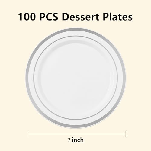 BESTSTAR 7 Inch White Plastic Plates,100PCS Disposable Dessert/Appetizer/Small Cake Plates with Silver Rim,Heavy Duty Plate Ideal for Wedding and Birthday - color: White Silver, size: 7 inch