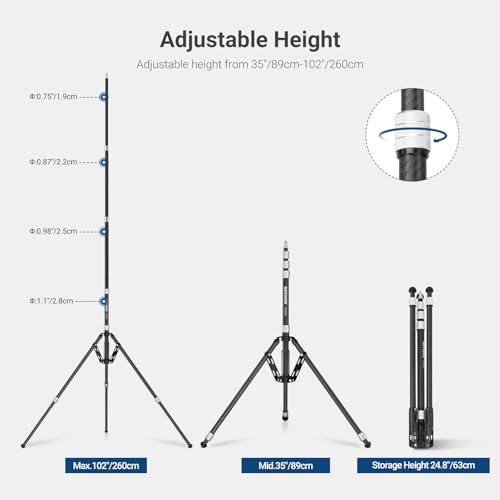 NEEWER Carbon Fiber Tripod Stand w Reversible Legs, 35"-102" Portable Lightweight Photography Light Stand for Strobe Softbox Ring Light Action Cam DSLR Streaming Recording, 6.6lb/3kg Max Load, ST260C - style: 260cm/1-Pack w/Reversible Legs
