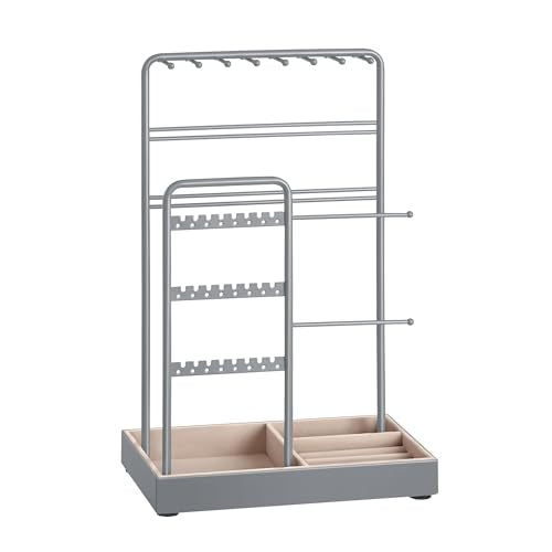 SONGMICS Necklace Holder, Jewelry Stand Holder Organizer, Jewelry Display with Metal Frame, Velvet Tray, Earring Bracelet Holder, for Gift Idea, 4.5 x 7.7 x 12.1 inch, Dove Gray UJJS021G01 - color: Dove Gray, size: 4.5"D x 7.7"W x 12.1"H