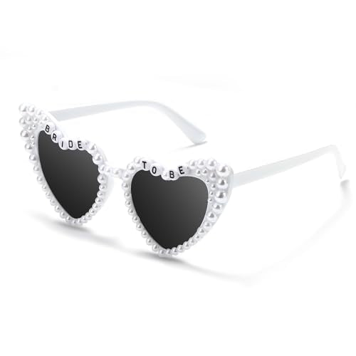 Etercycle Heart Sunglasses, Bride to Be Gifts Bachelorette Party Bride Sunglasses, Cute Glasses for Women Bachelorette Party - color: White Pearls