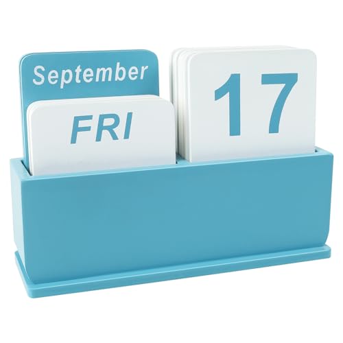Wooden Block Perpetual Calendar for Desk, Daily Desktop Standing Flip Calendar with Large Display, Modern Farmhouse Aesthetic Desk Accessories for Home Office Decor, Reusable Yearly, Blue - color: Blue