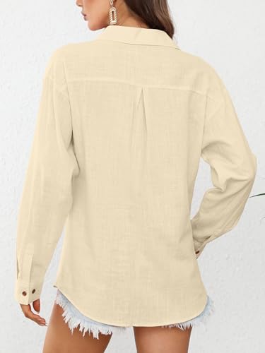 CUNLIN Women's Button Down Shirts Long Sleeve Cotton Summer Beach Wear for Women with Pocket - color: 50086_beige, size: X-Small