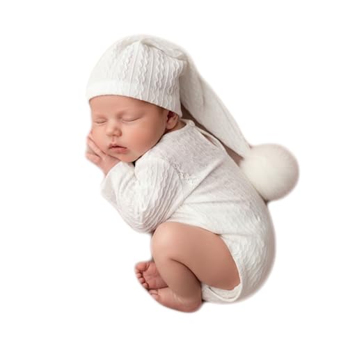 Newborn Photography Props, Infant Photoshoot Outfit Romper & Pom Pom Hat for Baby Boys Girls - color: White