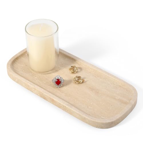 Koville Travertine Tray, 10"x5" Marble Vanity Tray for Bathroom Countertop Kitchen Sink, Rectangular Stone Tray for Perfume Fragrance, Decorative Catchall Tray Jewelry Cosmetics Organizer(Beige) - color: 10"x4.72"-travertine