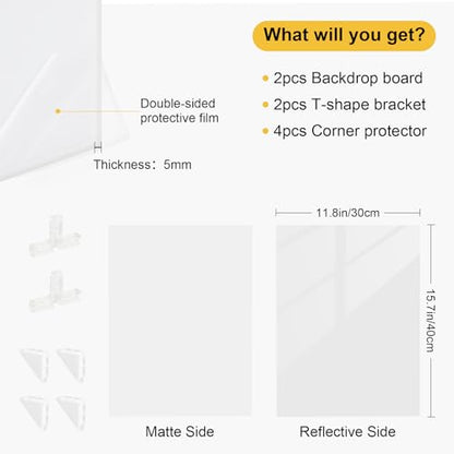 Meking Product Photography Backdrops Dual- Sided Matte and Reflective White Photo Background for Food, Makeup, Jewelry and Other Small Product, 2Pcs 15.7x11.8in Photo Backdrop Boards with 2Pcs Bracket