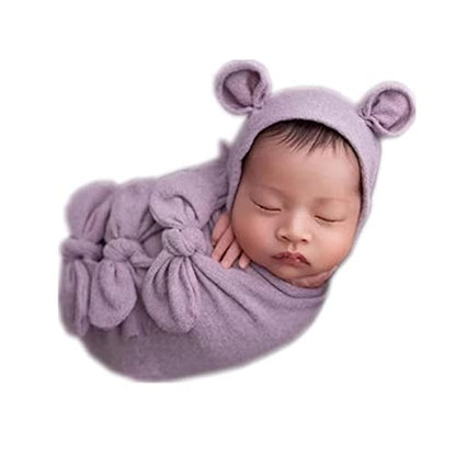 Newborn Baby Boy Girl Photography Props Bow Wrap, Posing Aid, Hat and Blanket Set of 4 Pcs - color: Dark Purple