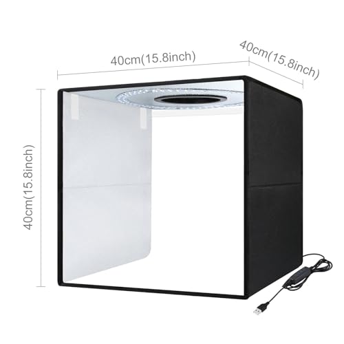 16x16x16 Inch Portable Folding Photo Studio Box with Dimmable Ring Light (224 LEDs, CRI>95, 3200-6500K) & 6 Backdrops for Product Photography, YouTube Videos, Smartphone - size: 16inch