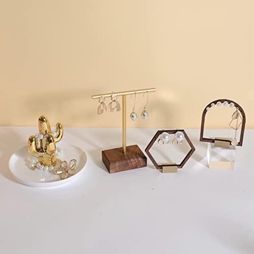earrings T display stands for selling, small earring holder jewelry stand with 4 holes on bar, wood earring hanger for boutique display【Walnut】
