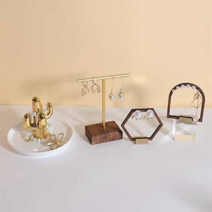 earrings T display stands for selling, small earring holder jewelry stand with 4 holes on bar, wood earring hanger for boutique display【Walnut】