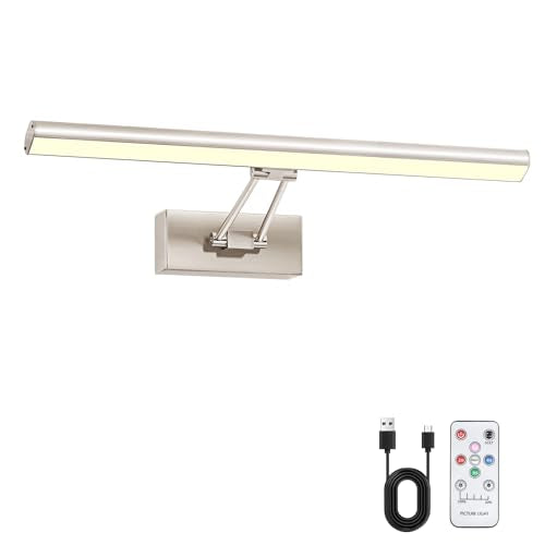 Battery Operated Picture Light,16inches Wireless Art Light for Paintings, Rechargeable Wall Art Lamp with Remote, 3 Color Changing Display Lighting for Gallery,Artwork, Wall Frame - color: Satin Nickel