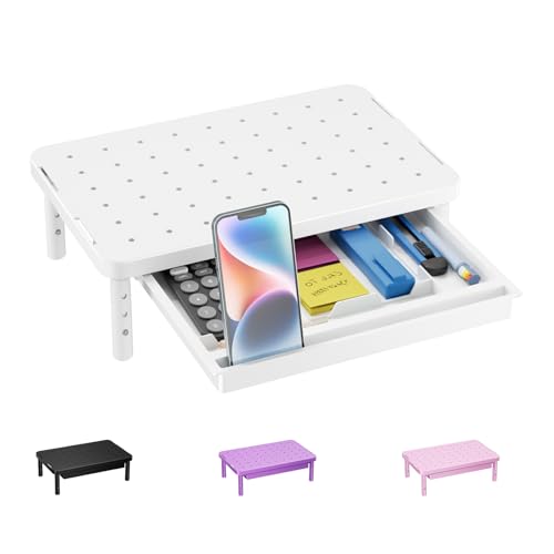 WALI Computer Monitor Stand with Storage, Desk Monitor Riser 3 Height Adjustable, Laptop Riser with Airflow Vents, Desk Organizer for Computer, Laptop, Printer (PTT002-W), 1 Pack, White - color: White, size: 14.6" * 9.3" with Drawer