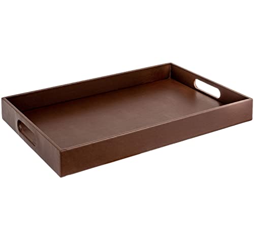 Home Redefined Beautiful Modern Elegant 17.5"x12" Rectangle Classic Brown Faux Leather Decorative Tray Ottoman Coffee Table Perfume Living Room Kitchen Serving Tray with Handles for All Occasion's - color: Brown Leather