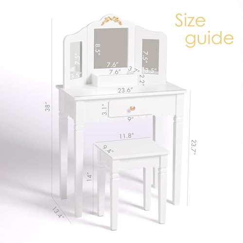 Spirich Kids Vanity Set with Mirror and Stool, Kids Make Up Vanity Desk for Little Girls, Children Makeup Dressing Table with Drawer - size: Golden bow